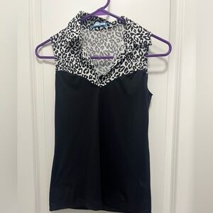 Skinny Shirt Collared Compression Tank Black With Leopard Size Medium